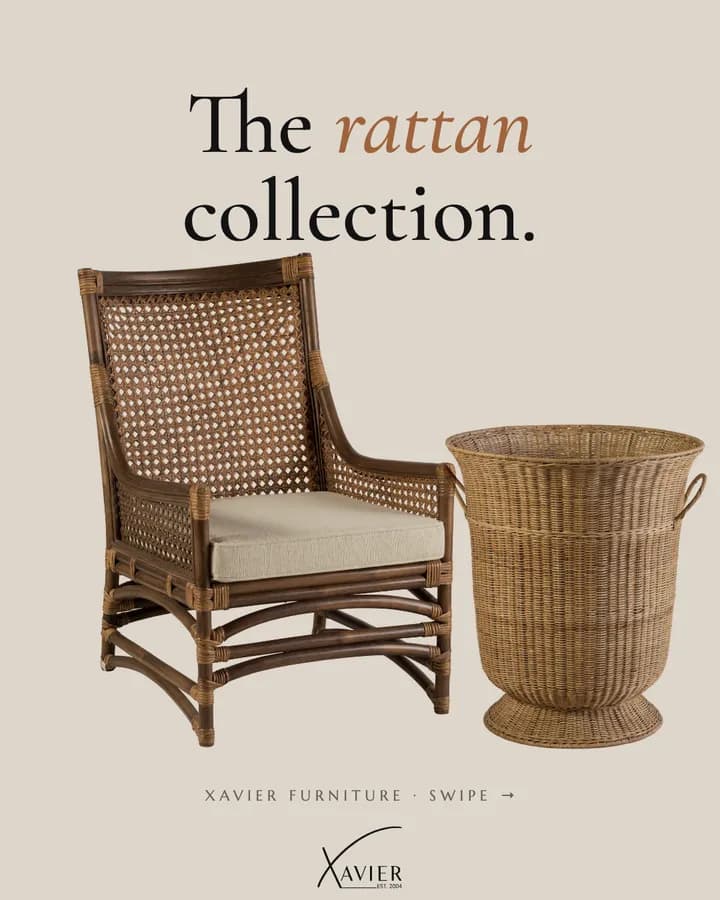 Xavier Furniture rattan carousel ad, slide 1: 'The rattan collection' cover