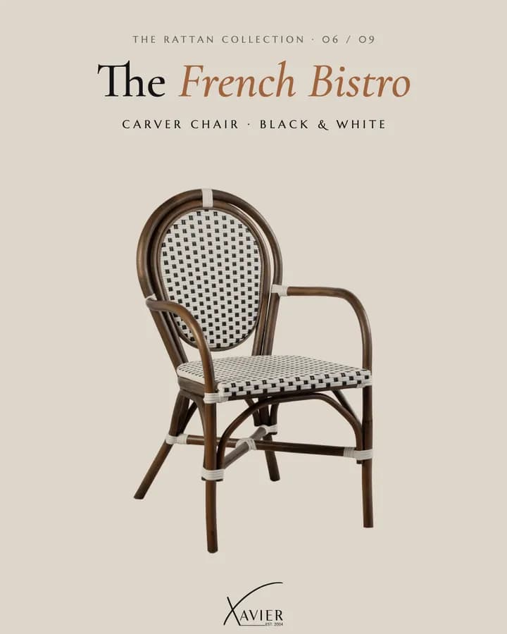 Xavier Furniture rattan carousel ad, slide 6: The French Bistro carver chair