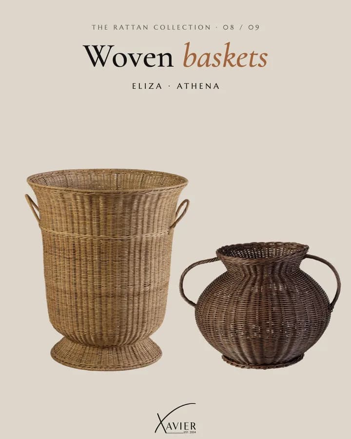 Xavier Furniture rattan carousel ad, slide 8: Woven baskets: Eliza and Athena