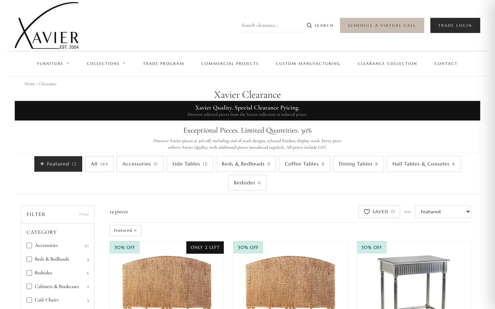 Xavier Furniture Clearance shop with discounted products and category filters