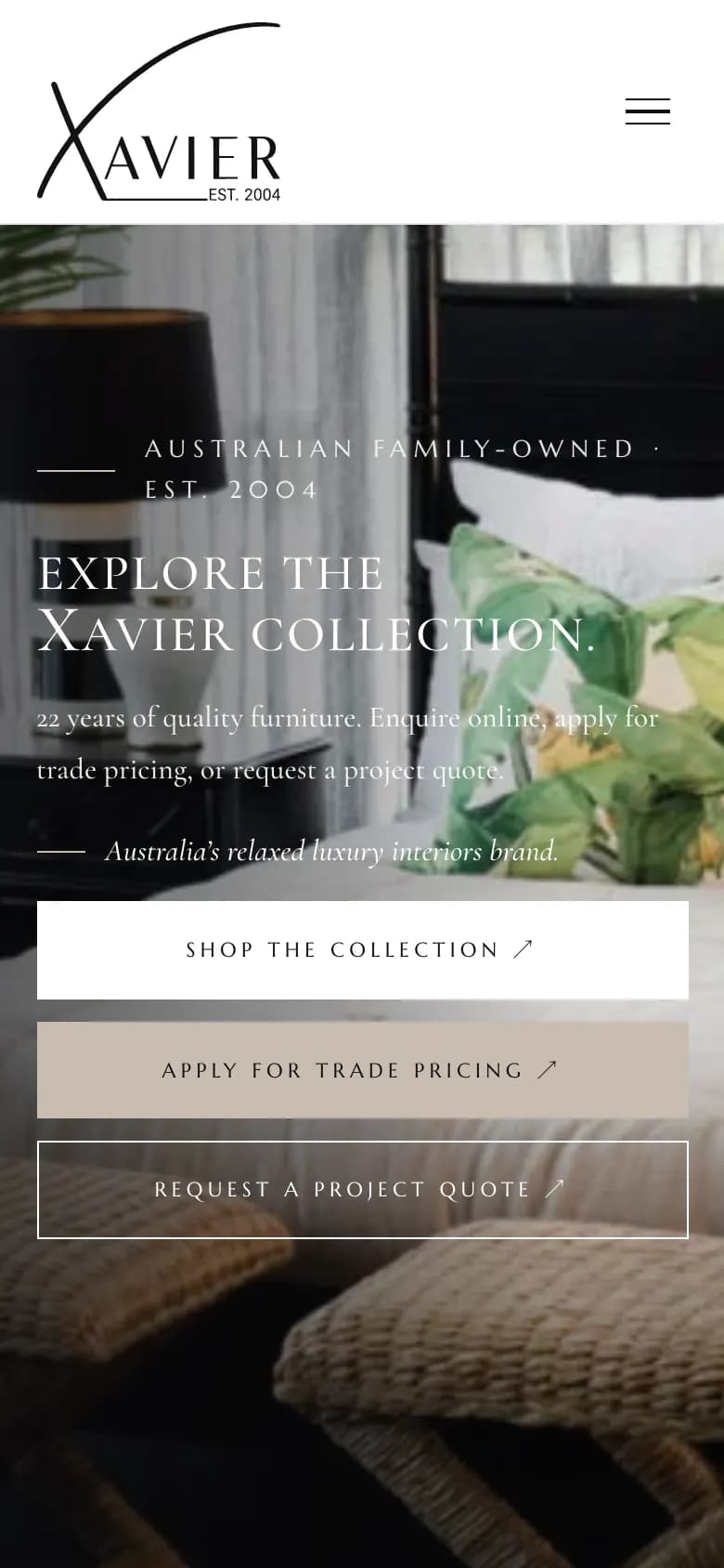 xavierfurniture.com.au homepage: 'Explore the Xavier collection' on a phone