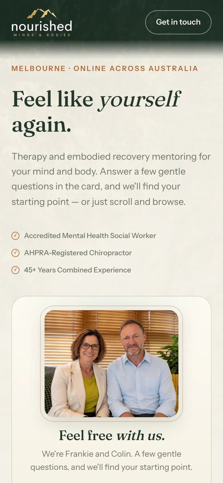 nourishedmindsbodies.com.au homepage with the body check-in quiz in the hero on a phone