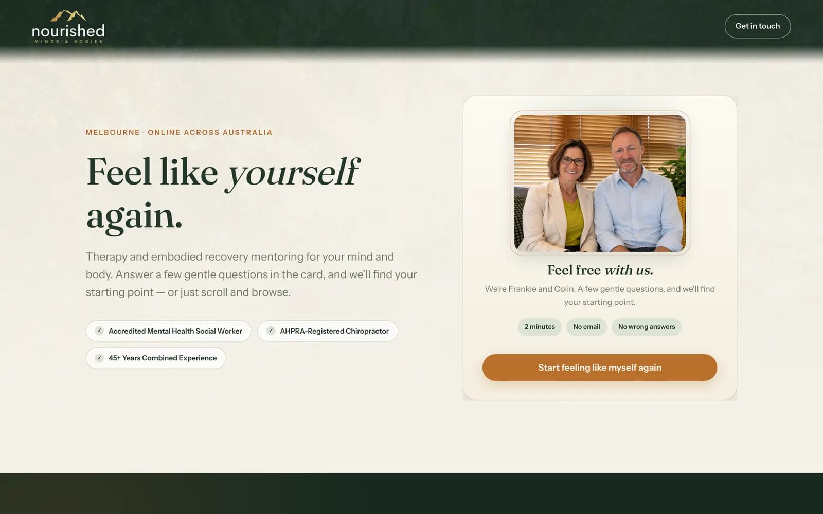 nourishedmindsbodies.com.au homepage with the body check-in quiz in the hero
