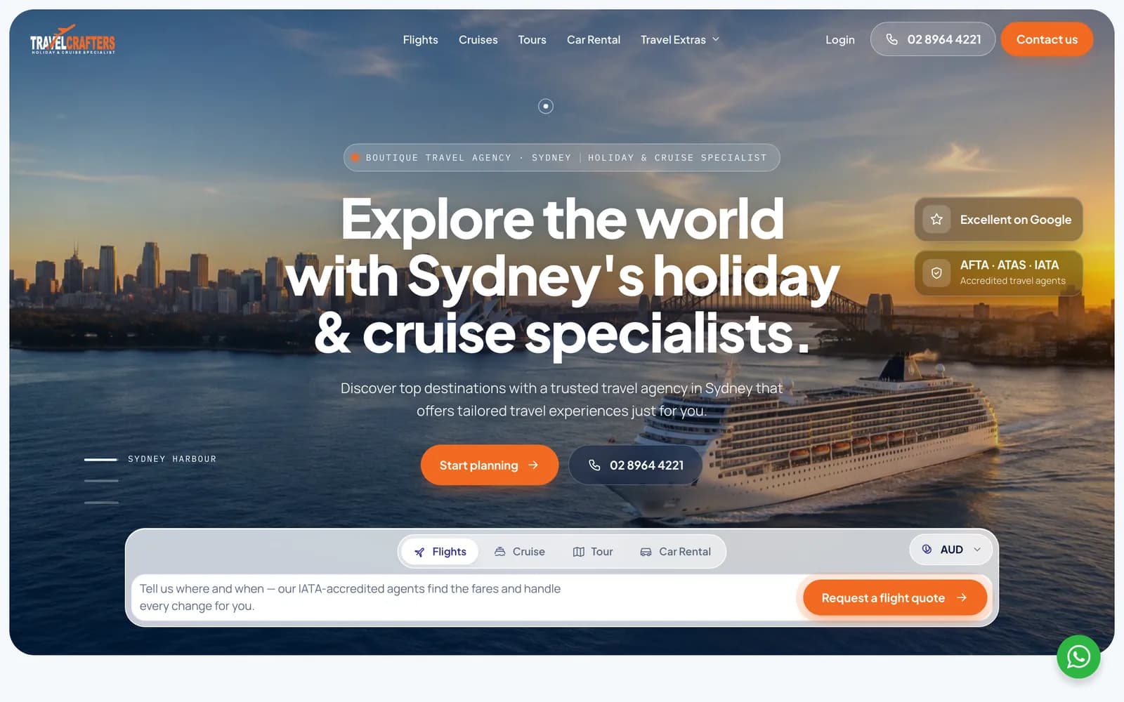 The new Travel Crafters homepage, with flight, cruise, tour and car rental search in the hero