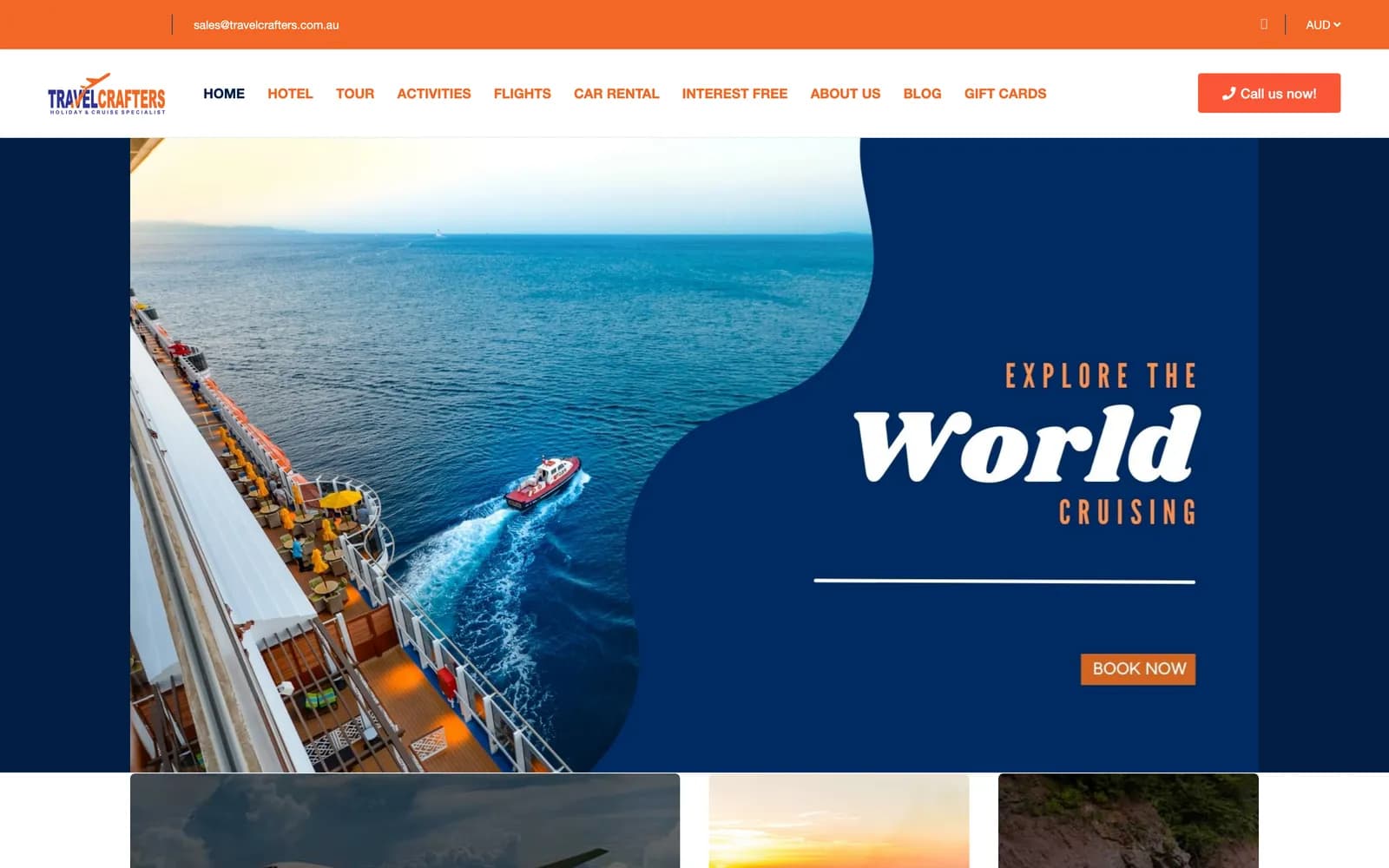 The previous Travel Crafters homepage: orange top bar, logo and menu, and a cruise photo with an "Explore the World Cruising" banner and a Book Now button