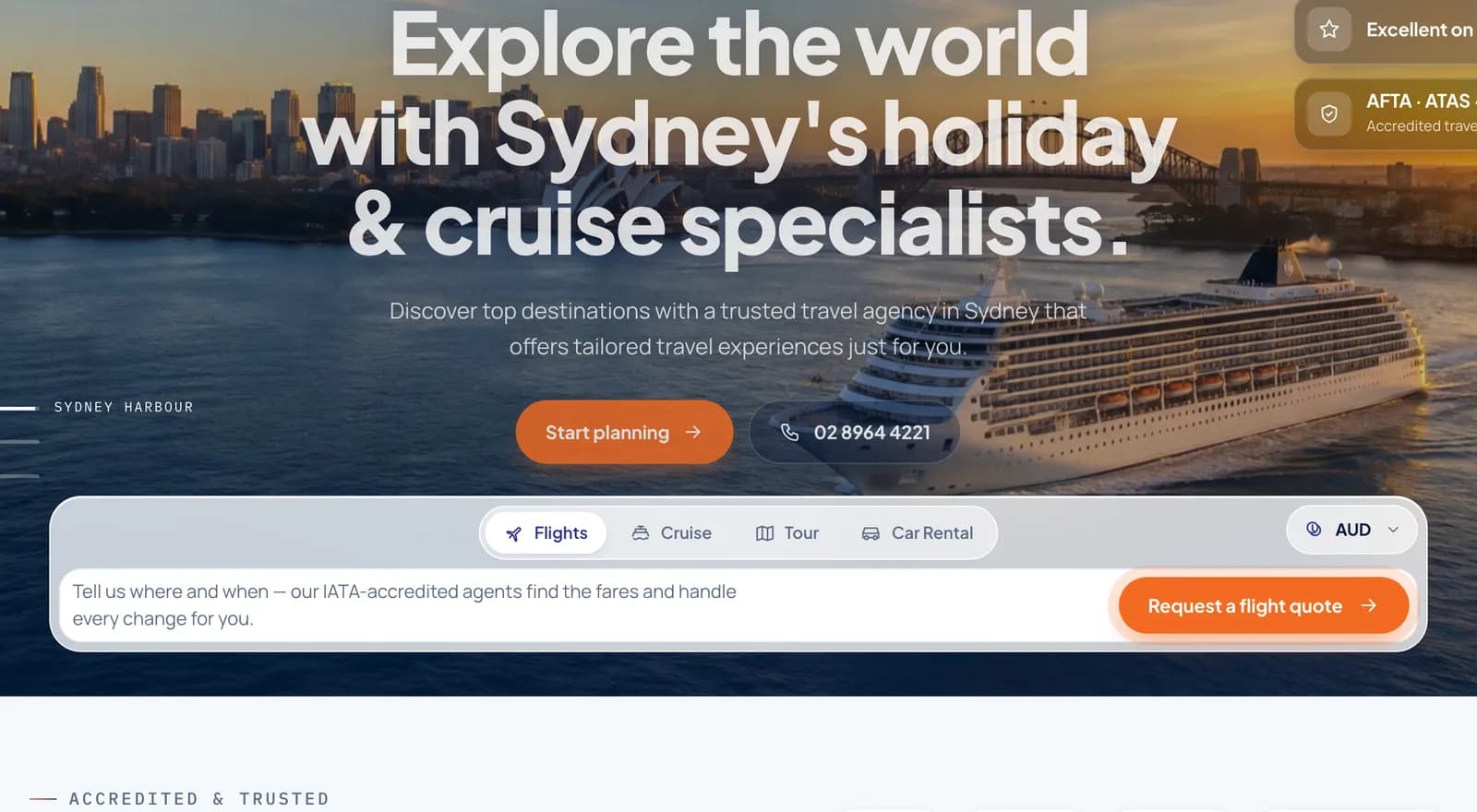 The homepage hero with Flights, Cruise, Tour and Car Rental tabs built into the page