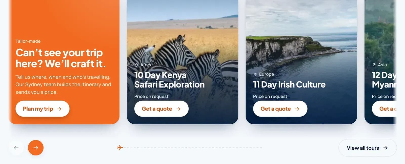 Tour cards on the new site, each showing the destination, price and a Get a quote button