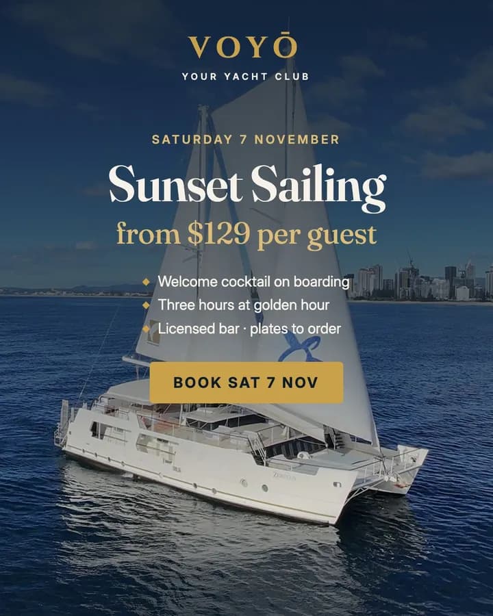 VOYŌ Meta feed ad: Sunset Sailing, Saturday 7 November, from $129 per guest