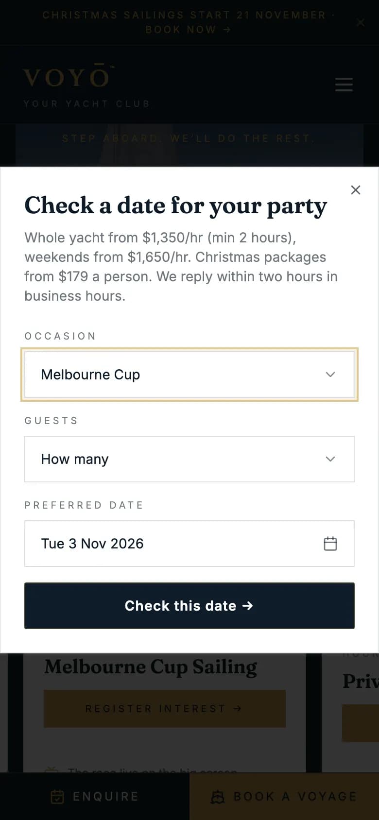 VOYŌ date-request popup on a phone