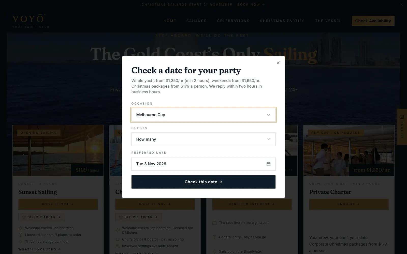 VOYŌ 'Check a date for your party' date-request popup