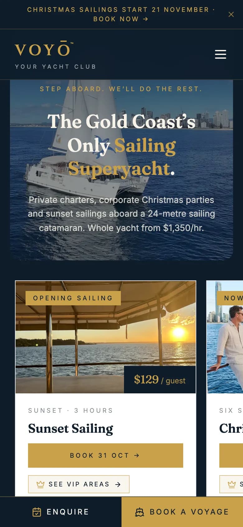 voyo.com.au homepage: 'The Gold Coast's Only Sailing Superyacht' on a phone
